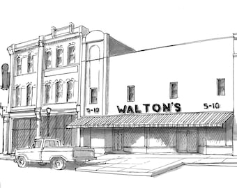 WALTONS 5 AND 10 - Original Walmart, Bentonville, Arkansas, Drawing, Architecture, Pen and Ink, Sketchbook, Art, Print, Drawn There