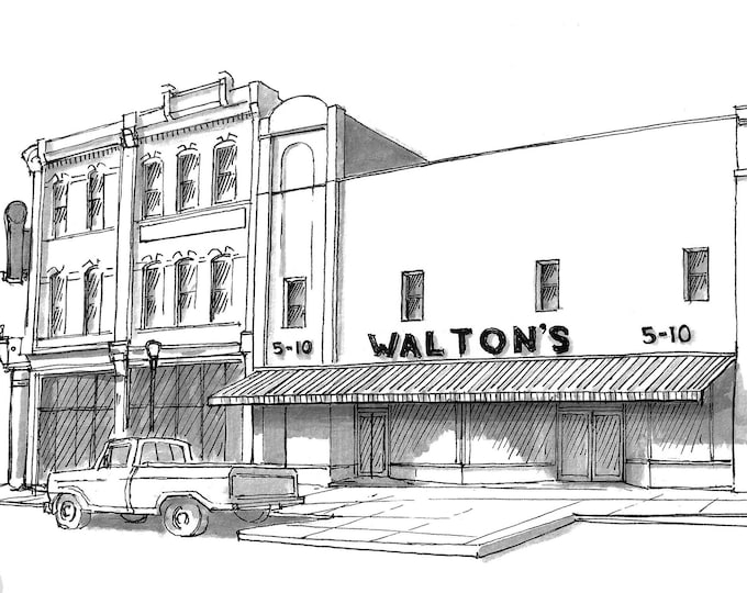 WALTONS 5 AND 10 - Original Walmart, Bentonville, Arkansas, Drawing, Architecture, Pen and Ink, Sketchbook, Art, Print, Drawn There