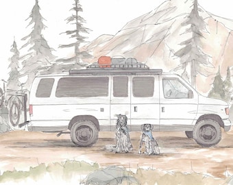 FORD ECONOLINE CAMPERVAN - Vanlife, Custom, Camper, Travel, Dogs, Mountains, Drawing, Pen and Ink, Painting, Watercolor, Art, Drawn There