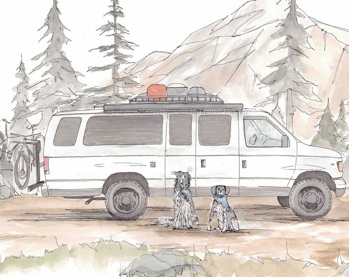 FORD ECONOLINE CAMPERVAN - Vanlife, Custom, Camper, Travel, Dogs, Mountains, Drawing, Pen and Ink, Painting, Watercolor, Art, Drawn There