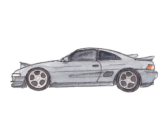 TOYOTA MR2 SPYDER - Sports Car, Classic Car Import, Drawing, Ink and Watercolor Painting, Art Print, Sketchbook, Drawn There