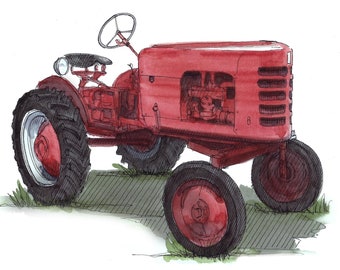 RED EARTHMASTER TRACTOR - Vintage, Classic Machinery, Farm, Farming, Ink and Watercolor, Painting, Drawing, Sketchbook, Drawn There