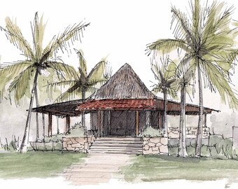 PLAYA DEL CARMEN - Thatched Roof, Architecture, Tropical, Building, Palm Trees, Drawing, Watercolor, Sketchbook, Art, Print, Drawn There