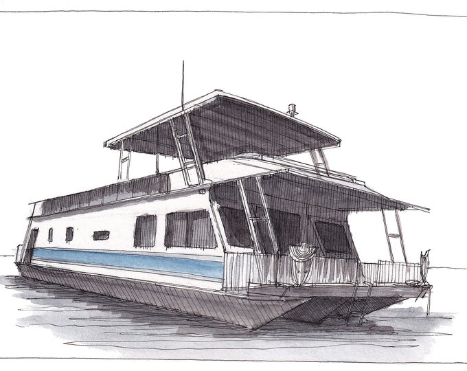 LAKE POWELL HOUSEBOAT - Arizona, Utah, Glen Canyon, Boating, Antelope Point, Ink and Watercolor Painting, Drawing, Art, Drawn There