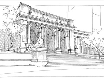 NYC PUBLIC LIBRARY - New York City, Manhattan, Classical Architecture, Urbansketchers, Plein Air Pen and Ink Drawing, DrawnThere
