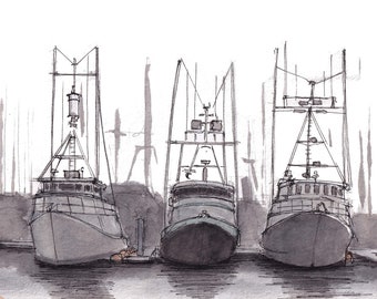 COMMERCIAL FISHING BOATS - Tuna Harbor, San Diego, California, Ocean, Sea, Ink and Watercolor Painting, Sketchbook Art Print, Drawn There