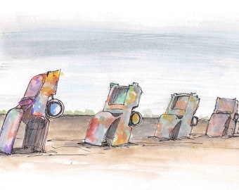 CADILLAC RANCH - Amarillo, Texas, Route 66, Roadside Attraction, Cars, Drawing, Watercolor, Painting, Sketchbook, Art, Drawn There