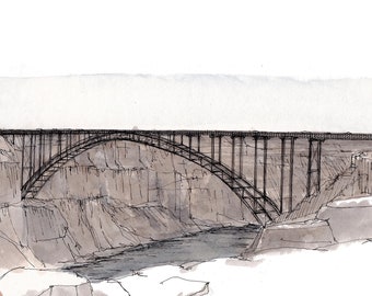 SNAKE RIVER CANYON Bridge, Idaho - Evel Kinevel, Jump, Steel Bridge, Canyon, Ink and Watercolor, Drawing, Painting, Sketchbook, Drawn There