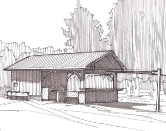 LINN CANYON RANCH Pavilion Building -Bar, Idaho, Resort, Rustic, Wedding Venue, Art, Pen and Ink, Drawing, Painting, Sketchbook, Drawn There