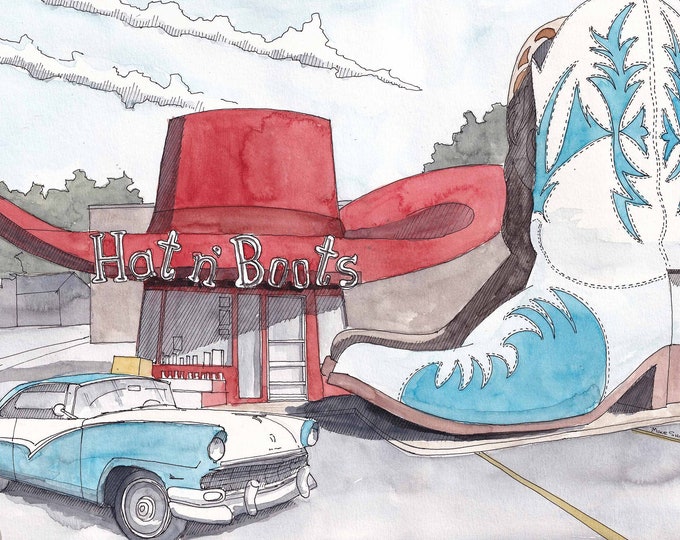 HAT N BOOTS Gas Station - Seattle, Washington, History, Quirky, Architecture, Cowboy, Ink and Watercolor Painting, Drawing, Art, Drawn There