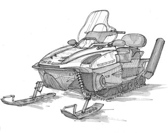 SNOWMACHINE SNOWMOBILE POLARIS - Ski-Doo, Winter, Snow, Ski Patrol, Pen and Ink, Drawing, Sketchbook, Drawn There