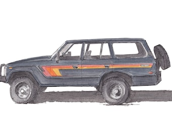 TOYOTA LAND CRUISER - 1980's, Off-Road, 4x4, Classic Truck, Ink & Watercolor Drawing, Painting, Art Print, Drawn There