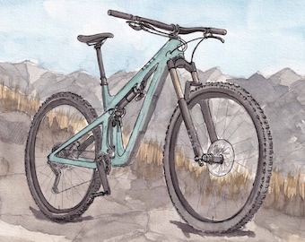 MOUNTAIN BIKE - Yeti SB115, Mountains, Trail, Biking, Ink and Watercolor Painting, Drawing, Landscape, Giclee Art Print, Drawn There