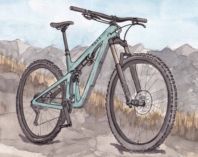 MOUNTAIN BIKE - Yeti SB115, Mountains, Trail, Biking, Ink and Watercolor Painting, Drawing, Landscape, Giclee Art Print, Drawn There