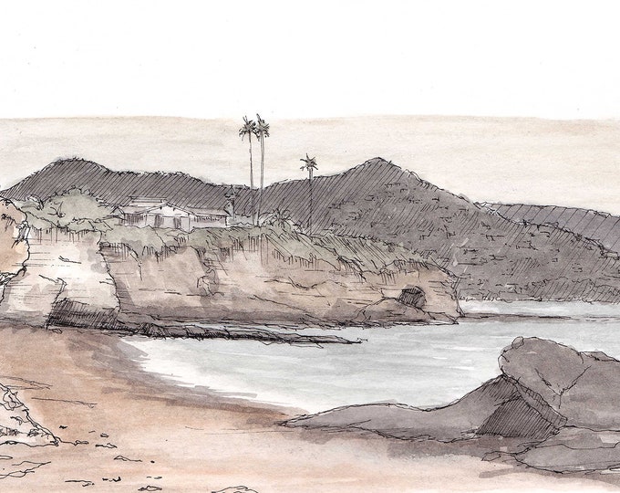 LAGUNA BEACH CALIFORNIA - Ink and Watercolor, Drawing, Painting, Sketchbook, Art Print, Ocean, Cliff, Southern California, Drawn There