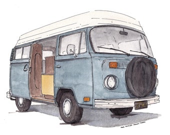 VINTAGE BUS - Joybus, Van, Vanlife, Classic, Car, Plein Air Watercolor Painting, Drawing, Art Print, Drawn There