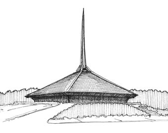 COLUMBUS INDIANA ARCHITECTURE - North Christian Church, Eero Saarinen, Mid-Century Desgin, Ink Drawing, Sketchbook, Art Print, Drawn There