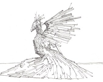 BLACK ROCK CITY - Phoenix, Bird, Sculpture, Radical Ritual, Pen and Ink, Drawing, Art, Print, Sketchbook, Drawn There