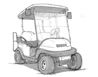 GOLF CART - Club Car, Alternative Transportation, Pen and Ink, Line Drawing, Black and White, Art Print, Drawn There