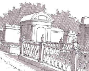 LAFAYETTE CEMETERY in New Orleans, Louisiana - Ink Drawing, Sketch, Black and White, Historic, Art, Pen and Ink, Sketchbook, Drawn There