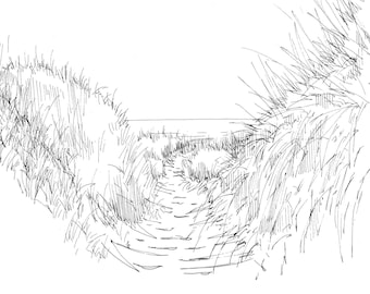 GRASSY DUNES on BEACH - Ocean, Pacific Northwest, Pen and Ink, Drawing, Sketch, Art Print, Drawn There