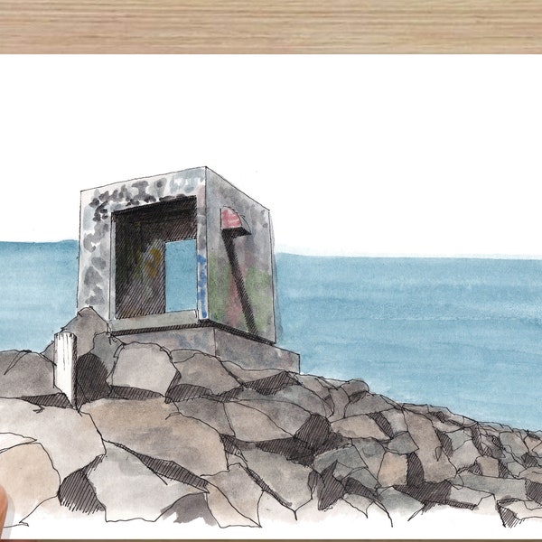 ABANDONED BUILDING on JETTY - San Diego, Architecture, Graffiti, California, Art, Watercolor, Painting, Drawing, Sketchbook, Drawn There