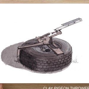 CLAY PIGEON THROWER - Skeet Shooting, Shotgun, Bird Hunting Target, Ink and Watercolor Drawing, Painting, Sketchbook, Art, Drawn There