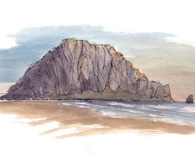 MORRO ROCK - Morro Bay, California, Beach, Ocean, NorCal, Volcanic Plug, Drawing, Watercolor Painting, Sketchbook, Art, Print, Drawn There