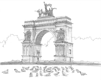 PROSPECT PARK ARCH - Pigeons, Brooklyn, New York City, nyc, Grand Army Arch, dessin à l'encre en plein air, peinture, art urbain, dessiné