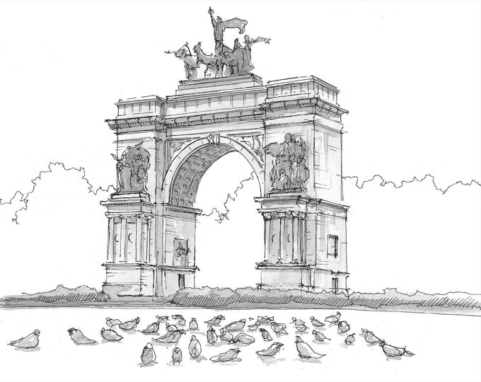 PROSPECT PARK ARCH - Pigeons, Brooklyn, New York City, nyc, Grand Army Arch, Plein Air Ink Drawing, Painting, Urbansketcher Art, DrawnThere