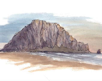 MORRO ROCK - Morro Bay, California, spiaggia, oceano, NorCal, spina vulcanica, disegno, pittura ad acquerello, quaderno di schizzi, arte, stampa, disegnato lì