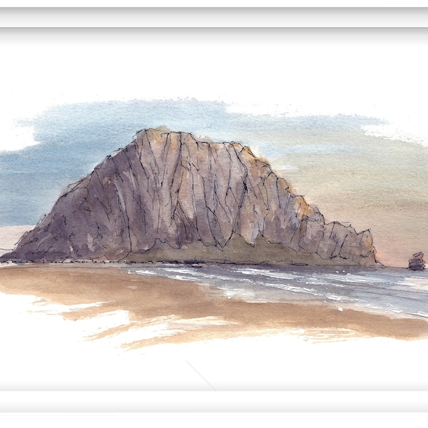 MORRO ROCK - Morro Bay, California, Beach, Ocean, NorCal, Volcanic Plug, Drawing, Watercolor Painting, Sketchbook, Art, Print, Drawn There