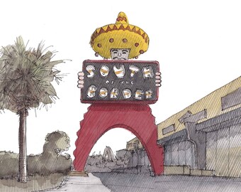 SOUTH of the BORDER - Rest Area, Billboard, Road Trip, Pedro, Fireworks, South Carolina, Ink & Watercolor Drawing Painting, Art, Drawn There