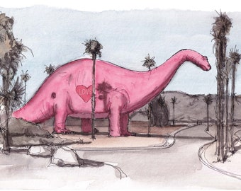 CABAZON I-10 DINOSAUR - Brontosaurus, Sculpture, Pink, Public Art, California, Ink and Watercolor Painting, Drawing, Art Print, Drawn There