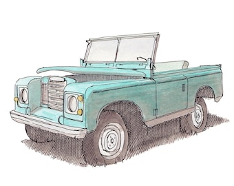 CLASSIC LAND ROVER - Truck, Vintage, Car, Convertible, Off Road, 4x4, Teal, Drawing, Watercolor Painting, Sketchbook, Art, Drawn There