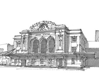 UNION STATION DENVER - Train, Travel, Architecture, Colorado, Beaux Arts, Pen and Ink, Drawing, Sketchbook, Art, Drawn There