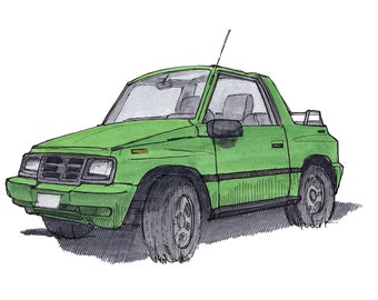 GEO TRACKER - Lime Green, 4x4, Off Road, SUV, Jeep, Suzuki, Convertible, Drawing, Watercolor, Painting, Sketchbook, Art, Print, Drawn There