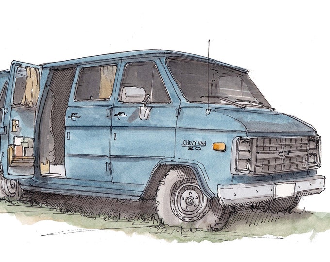 CHEVY CAMPER VAN - Vanlife, Conversion, Roadtrip, Camping, Gladiator, Ink and Watercolor, Painting, Drawing, Art Print, Drawn There