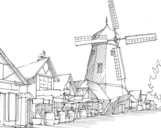 SOLVANG WINDMILL - Wine Country, Southern California, Danish Architecture, Pen and Ink, Drawing, Sketchbook, Art, Drawn There