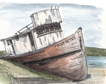 POINT REYES SHIPWRECK - Wooden Boat, Abandoned, Decay, California, Beach, Drawing, Watercolor, Painting, Sketchbook, Art, Drawn There