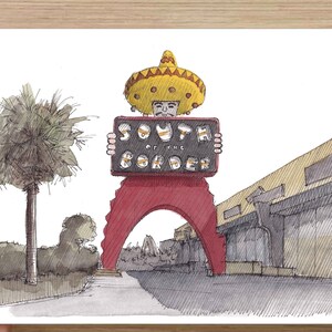 SOUTH of the BORDER - Rest Area, Billboard, Road Trip, Pedro, Fireworks, South Carolina, Ink & Watercolor Drawing Painting, Art, Drawn There