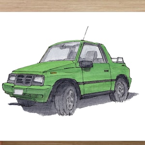 GEO TRACKER - Lime Green, 4x4, Off Road, SUV, Jeep, Suzuki, Convertible, Drawing, Watercolor, Painting, Sketchbook, Art, Print, Drawn There