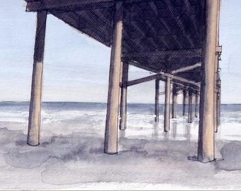 SOUTH PADRE ISLAND - Beach Pier, Ocean, Sunset, Waves, Gulf of Mexico, Plein Air Ink and Watercolor Painting, Drawing, Art, Drawn There