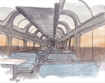 SUNRISE TRAIN CAR - An ink and watercolor painting of an Arizona sunrise aboard an overnight train, Art Print, Wall Art, Drawn There