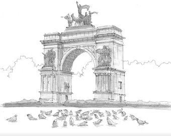 PROSPECT PARK ARCH - Pigeons, Brooklyn, New York City, nyc, Grand Army Arch, Plein Air Ink Drawing, Painting, Urbansketcher Art, DrawnThere