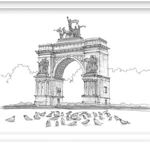 PROSPECT PARK ARCH - Pigeons, Brooklyn, New York City, nyc, Grand Army Arch, Plein Air Ink Drawing, Painting, Urbansketcher Art, DrawnThere
