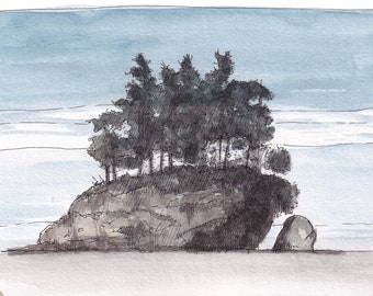 SALT CREEK ISLAND - Sea Stack, Ocean, Rock Formation, Pacific Coast, pnw, Drawing, Watercolor Painting, Art, Plein Air, Drawn There