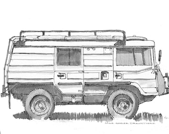 PINZGAUER 4x4 ARMY VAN - Classic Off Road Vehicle, Campervan, Vanlife, Military Truck, Pen & Ink Drawing Painting, Art Print, Drawn There