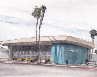 PALM SPRINGS ARCHITECTURE - Bank of America, Mid Century Modern Design, Plein Air Watercolor Painting, Drawing, Sketchbook, Art, Drawn There