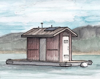 BIG BEAR LAKE Floating Tiny House - Boat, Boating, Architecture, California, Drawing, Ink, Watercolor Painting, Sketchbook, Art, Drawn There